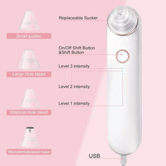 Adjustable Suction Pore Cleansing Beauty Tool - White pore vacuum with labeled parts, four replacement suction heads, and USB charging, on pink background