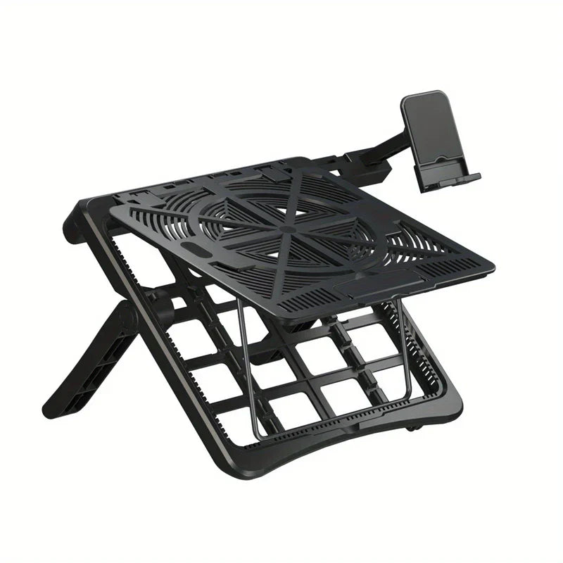 Tablet Desk Mount Stand - Black adjustable stand with vented platform and side phone holder, angled view