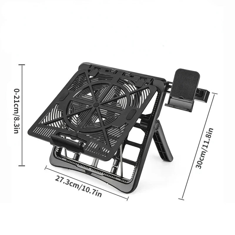 Tablet Desk Mount Stand - Black adjustable laptop stand with side phone holder, with dimension labels in cm and inches