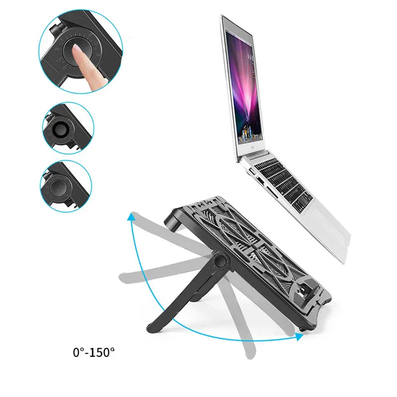 ipad mini tischhalterung - Schwarzer Laptopständer, der eine Winkelverstellung von 0 bis 150 Grad demonstriert, mit einem silbernen Laptop darauf