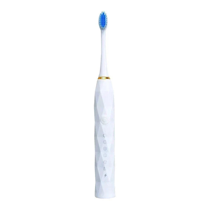 Toothbrush Kit - Single white electric toothbrush with blue brush head and gold accent ring on white background