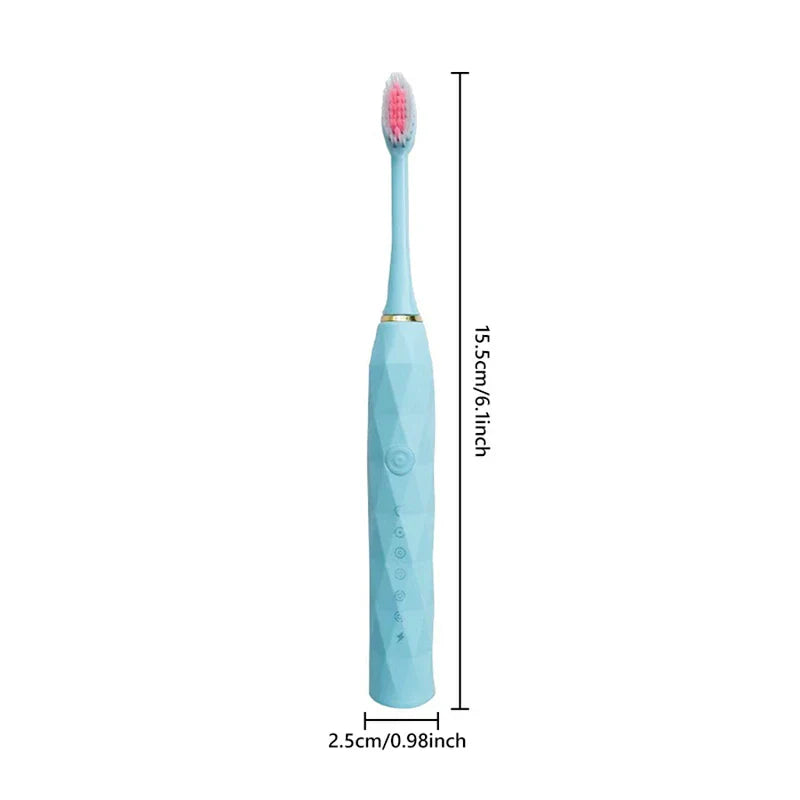 Toothbrush Kit - Light blue electric toothbrush with height and width measurements labeled on a white background