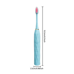 Toothbrush Kit - Light blue electric toothbrush with height and width measurements labeled on a white background