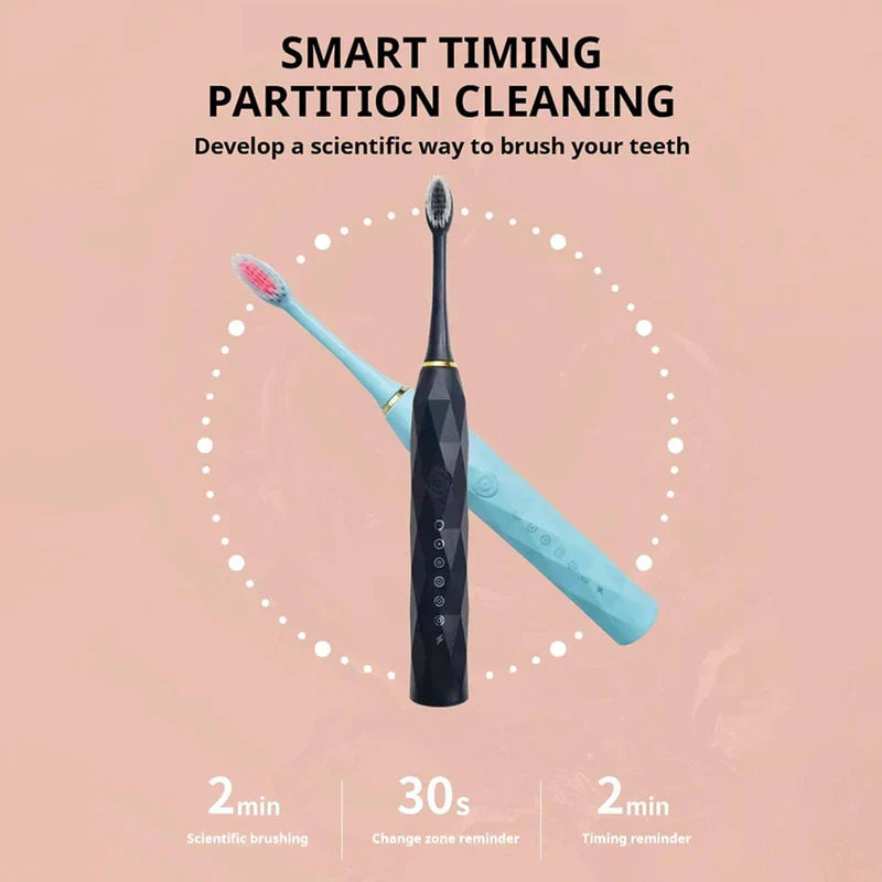 Toothbrush Kit - Two electric toothbrushes (black and light blue) on a peach background with smart timing cleaning text labels