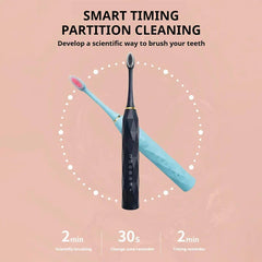 Toothbrush Kit - Two electric toothbrushes (black and light blue) on a peach background with smart timing cleaning text labels