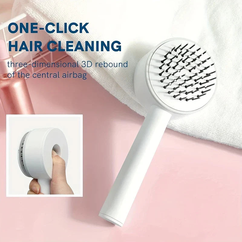cepillo desenredante para el cabello - cepillo blanco sobre una superficie rosa con una toalla blanca; recuadro muestra una mano presionando la parte trasera del cepillo, con texto en la imagen