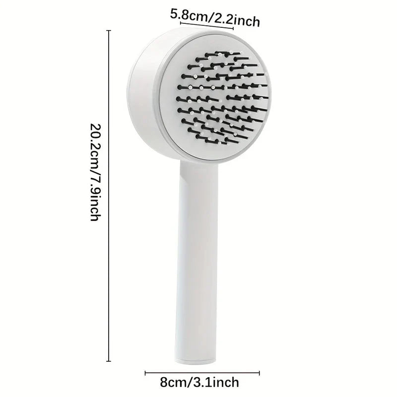 cepillo desenredante para el cabello - cepillo blanco sobre fondo blanco, etiquetado con longitud 20,2 cm/7,9 pulgadas, ancho de cabeza 5,8 cm/2,2 pulgadas, base del mango 8 cm/3,1 pulgadas