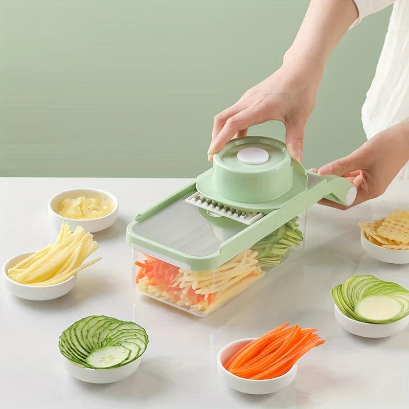 Vegetable slicer chopper in use with fresh vegetables
