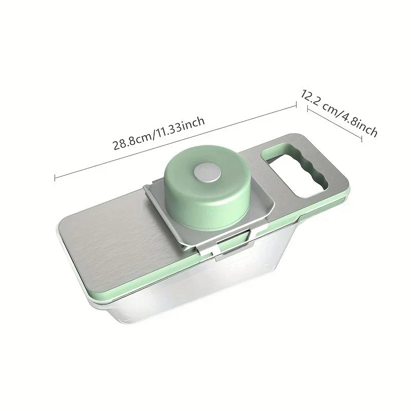 Vegetable slicer with clear catch container, green hand guard, and stainless steel top, with length and width dimension labels