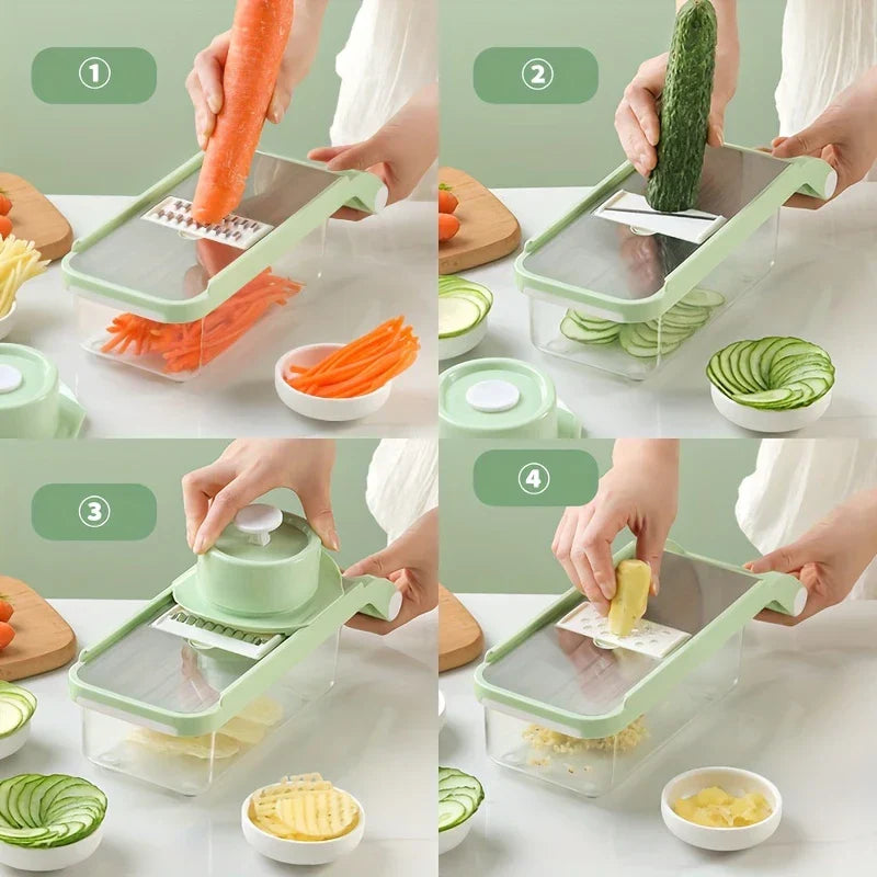 Four-step demonstration of a vegetable slicer cutting carrot sticks, cucumber slices, wavy potato slices, and grated food with a hand guard
