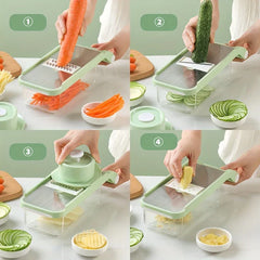 Four-step demonstration of a vegetable slicer cutting carrot sticks, cucumber slices, wavy potato slices, and grated food with a hand guard