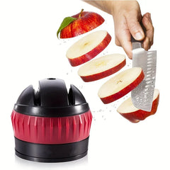 Knife Sharpener System - Hand holding a sharp kitchen knife slicing a red apple next to a black and red compact sharpening tool