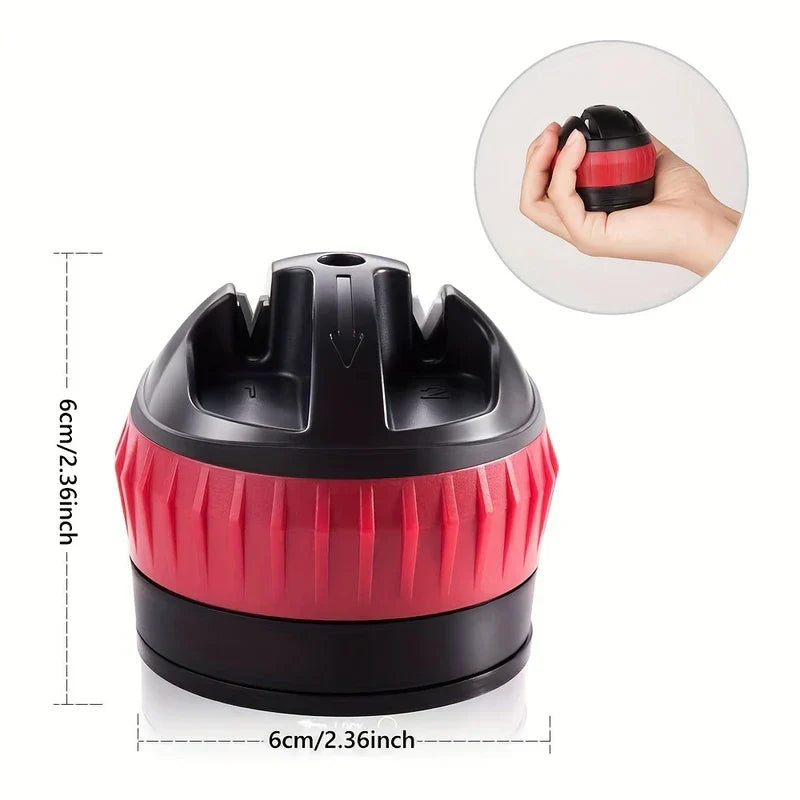 Knife Sharpener System - Compact round 2-slot kitchen knife sharpener with black top, red ribbed middle, 6cm height and width shown; inset shows it held in a hand