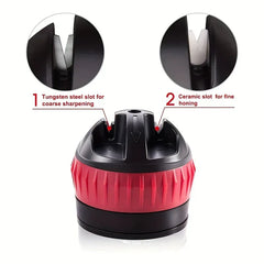 Knife Sharpener System - Closeup of 2-slot knife sharpener with callouts: left slot labeled 1 for coarse sharpening, right slot labeled 2 for fine honing