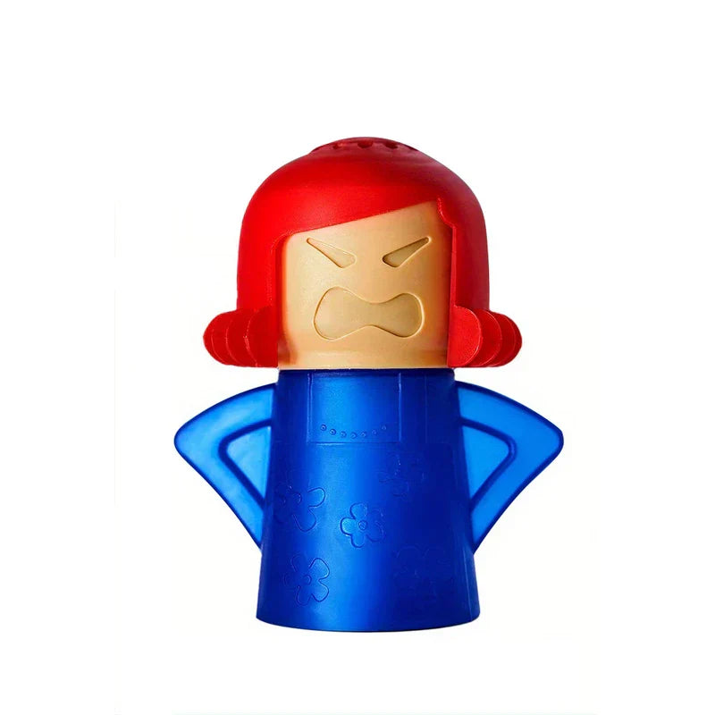 Angry Mama Microwave Steam Cleaner - Cartoon character-shaped cleaning tool with red hair and blue dress, front view on white background