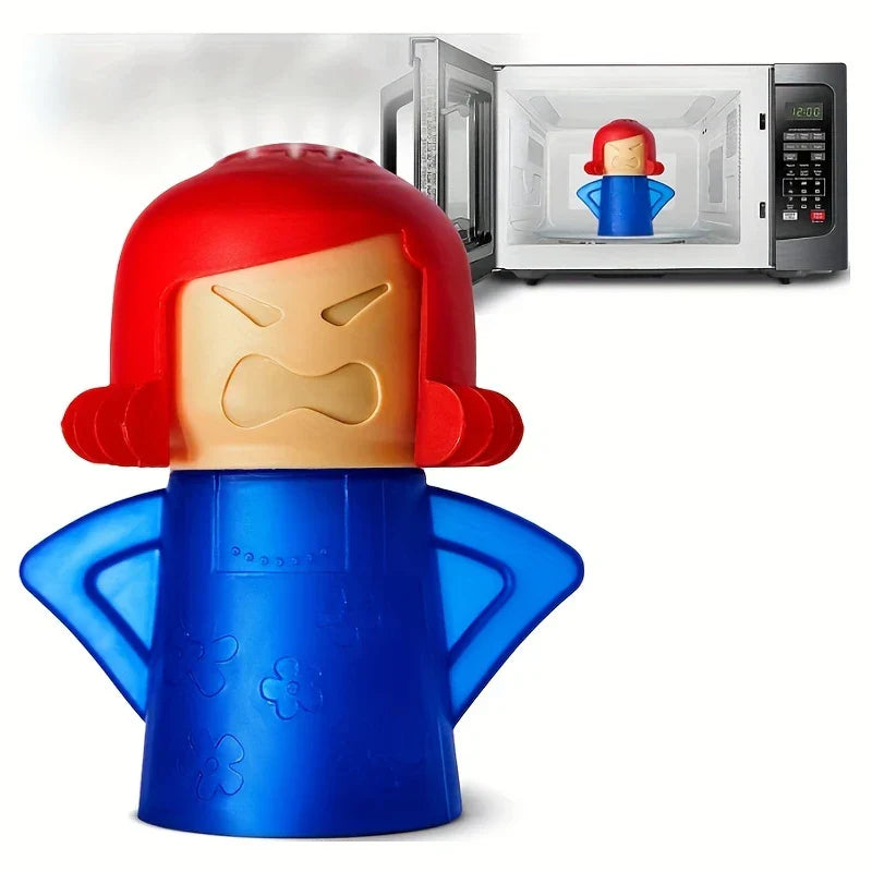 Angry Mama Microwave Steam Cleaner - Steaming character-shaped cleaning tool in foreground, same tool inside open stainless steel microwave in background