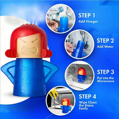 Angry Mama Microwave Steam Cleaner - Angry Mama steam cleaner with 4 step-by-step usage circles showing vinegar, water, microwave, and wiping