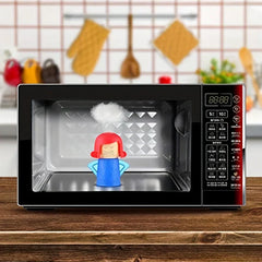 Angry Mama Microwave Steam Cleaner - Angry red-haired figurine emitting steam from its head, placed inside a black microwave on a wooden kitchen counter