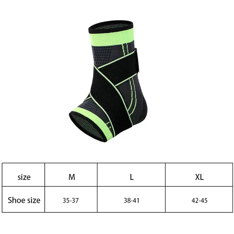 Venda de compresión: funda para tobillo con detalles en negro y verde neón y correa cruzada, junto a una tabla de tallas con medidas M, L, XL según el número de zapato.