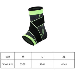 Venda de compresión: funda para tobillo con detalles en negro y verde neón y correa cruzada, junto a una tabla de tallas con medidas M, L, XL según el número de zapato.