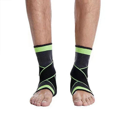 Compression Wrap - Front view of two feet wearing black and neon green ankle sleeves with cross straps, against a plain white background.