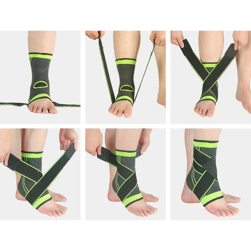 Compression Wrap - Six-step sequence showing a person putting on and adjusting a black and neon green ankle brace on their foot