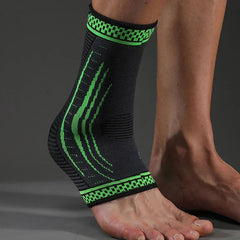 Black green compression ankle brace worn on person's bare foot
