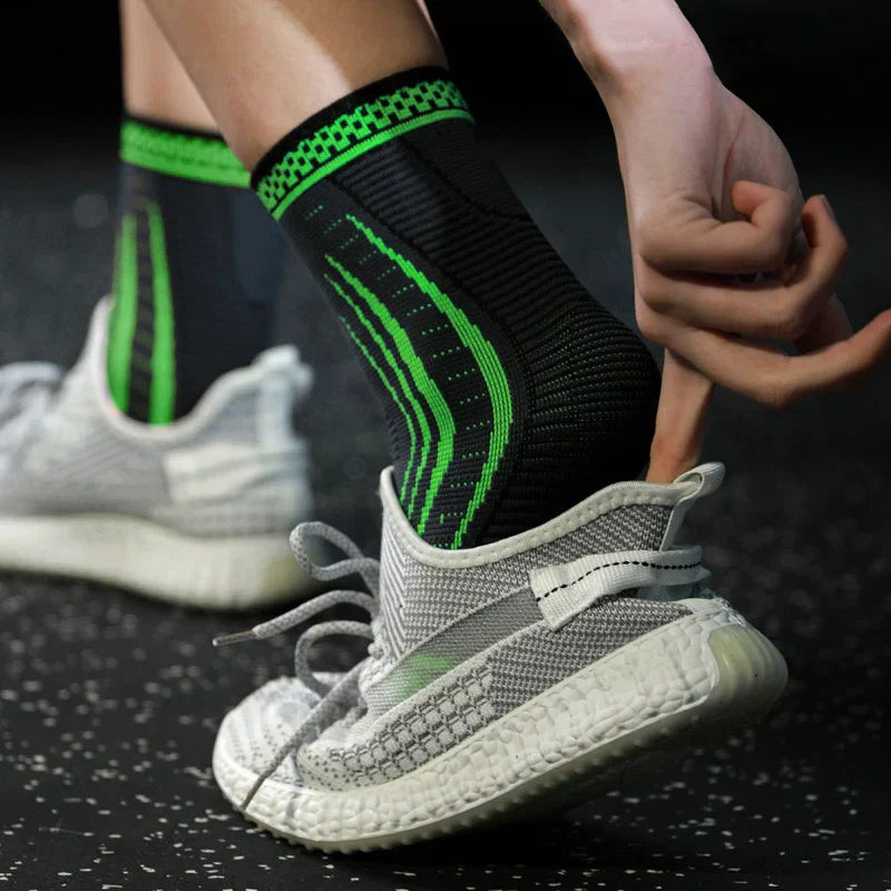 Athlete wearing ankle brace inside running shoe for sports support