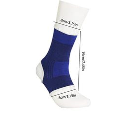 Blue ankle brace on mannequin foot, with labeled dimensions of 8cm and 19cm.
