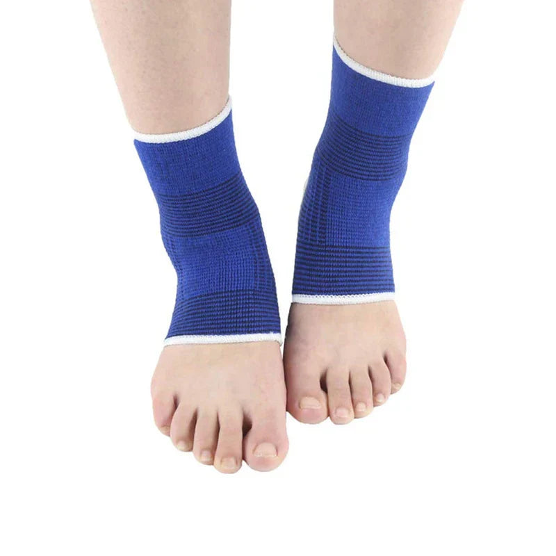 Ankle Brace - Pair of feet in blue ankle braces, shown in front view with white trim along brace edges.