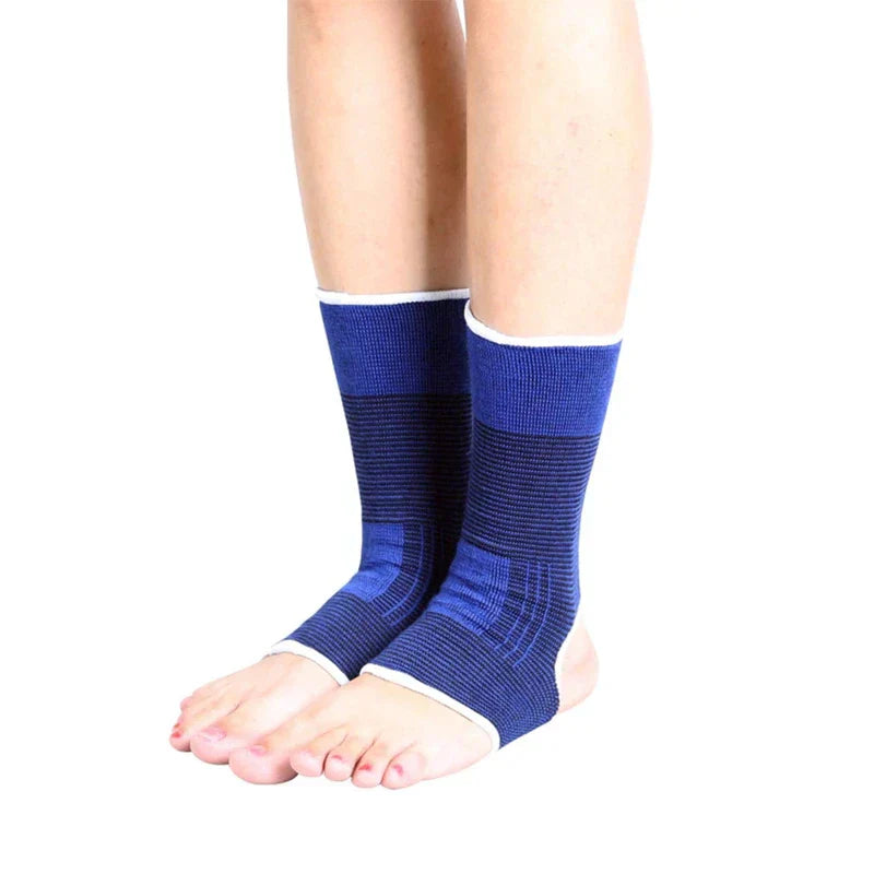 Ankle Brace - Two feet wearing matching blue open-heel ankle braces, positioned side by side facing forward, on white background