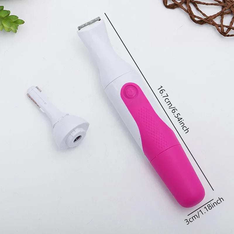 Facial Tool - Pink and white electric trimmer with detached smaller trimmer head, dimensions marked, on white surface with small plant and woven cord accent