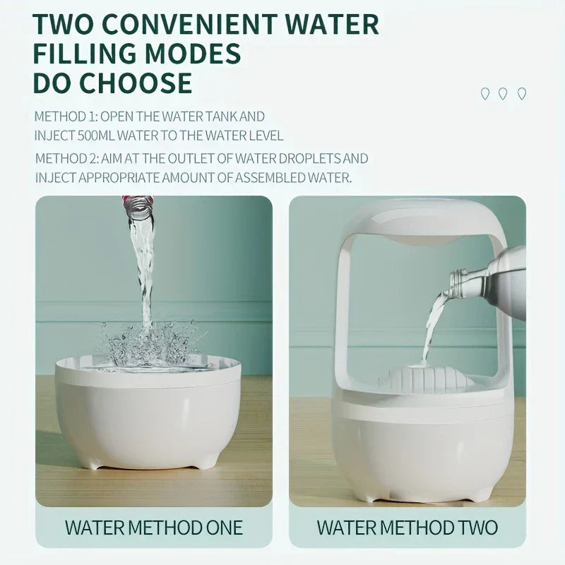 Two water filling methods demonstrated for a white air humidifier: open tank pour and top outlet pour, with text explanations