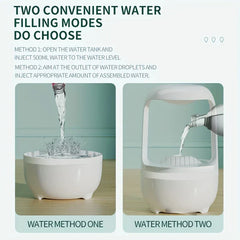 Two water filling methods demonstrated for a white air humidifier: open tank pour and top outlet pour, with text explanations