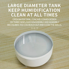 Top view of an open large-caliber white air humidifier tank on a wood surface, with text about easy cleaning