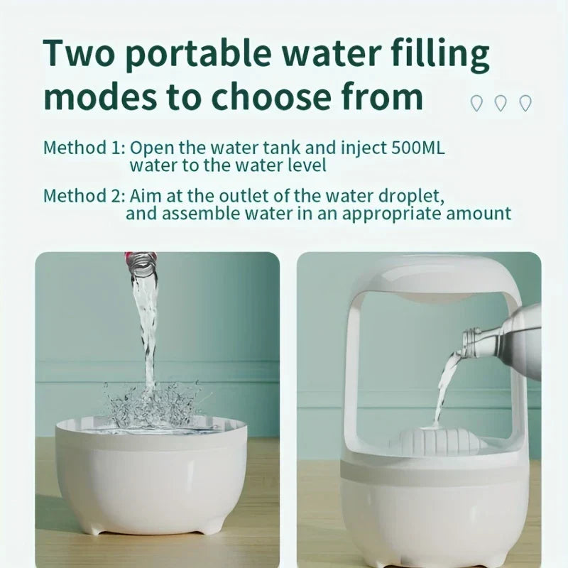 Infographic showing two water filling methods for an air humidifier, with text labels and demonstration photos of each method.