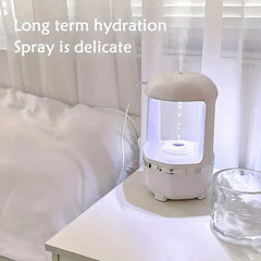 Water Drop Humidifier - humidifier on bedside nightstand next to glass, with long term hydration text overlay