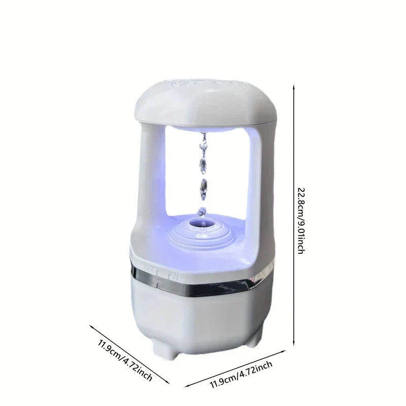 Water Drop Humidifier - White anti-gravity humidifier on white background, with dimension labels: 22.8cm tall, 11.9cm wide and deep