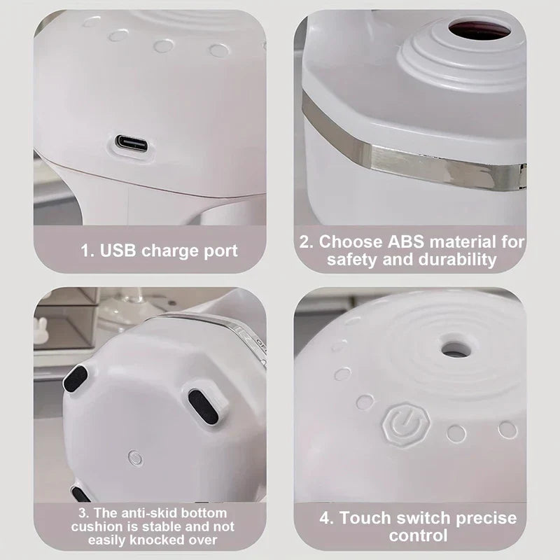 Water Drop Humidifier - Four-panel closeup showing USB charge port, ABS plastic body section, anti-skid bottom cushions, and top touch power switch of a white device.