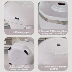 Water Drop Humidifier - Four-panel closeup showing USB charge port, ABS plastic body section, anti-skid bottom cushions, and top touch power switch of a white device.
