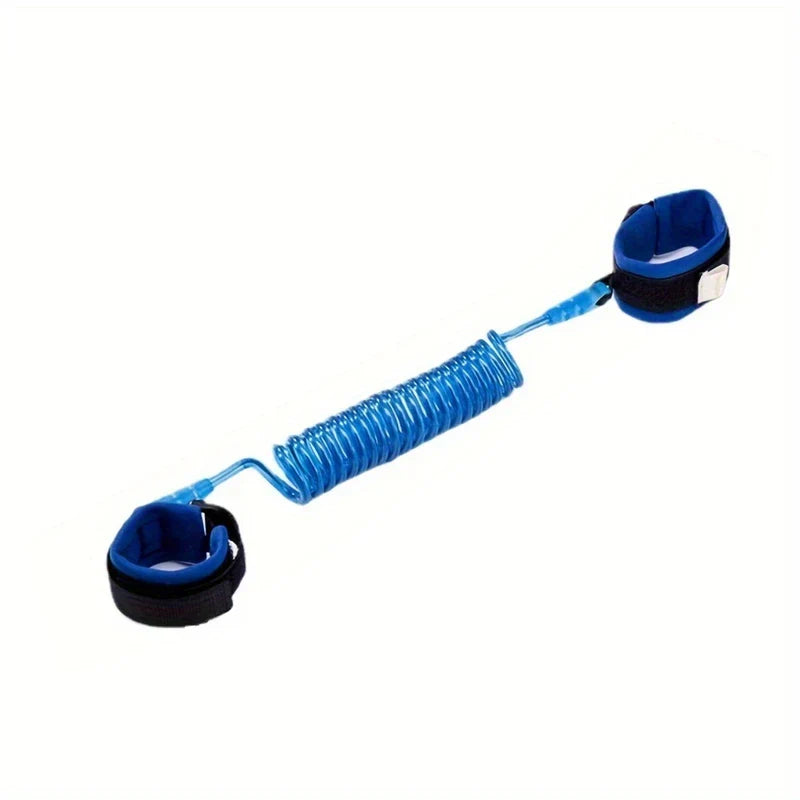 Wrist Link - Blue coiled tether with two black and blue padded wrist cuffs, one cuff has a white fastener tab