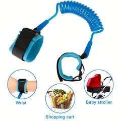 Wrist Link - Pair of blue coiled wrist straps, with three inset circles showing use on a wrist, a shopping cart, and a baby stroller