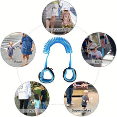 Wrist Link - Blue coiled wrist leash with soft cuffs, surrounded by circular photos showing use on escalator, road, block, park, supermarket