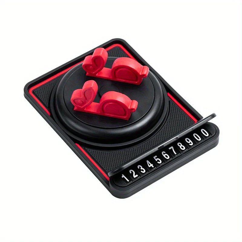 Dashboard Pad - black and red non-slip car mat with phone holder and number dial, white background