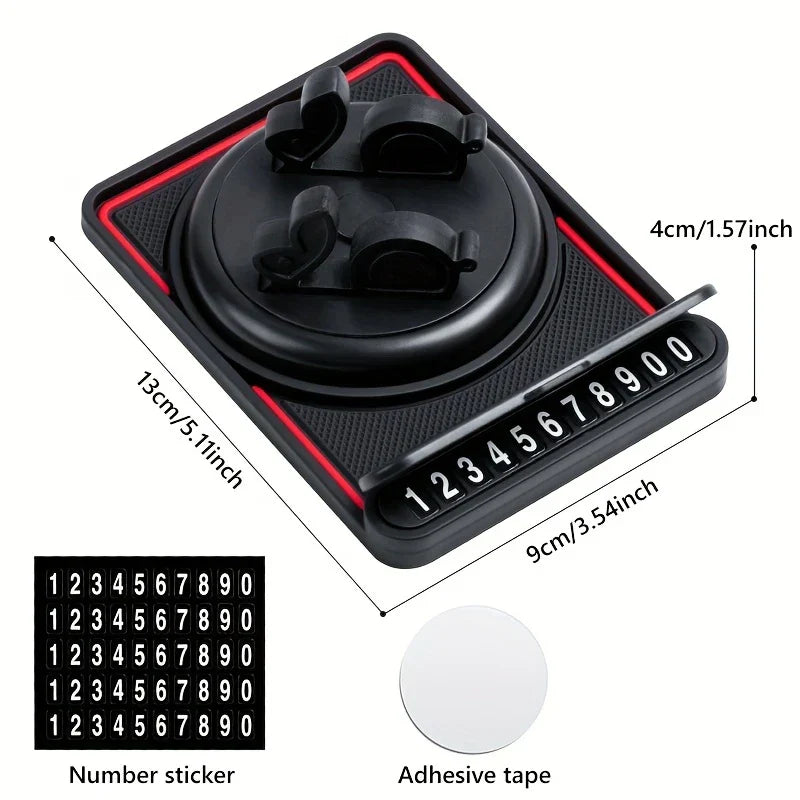 Dashboard Pad - Car dashboard phone holder with red trim, number stickers, and adhesive tape, with dimension labels
