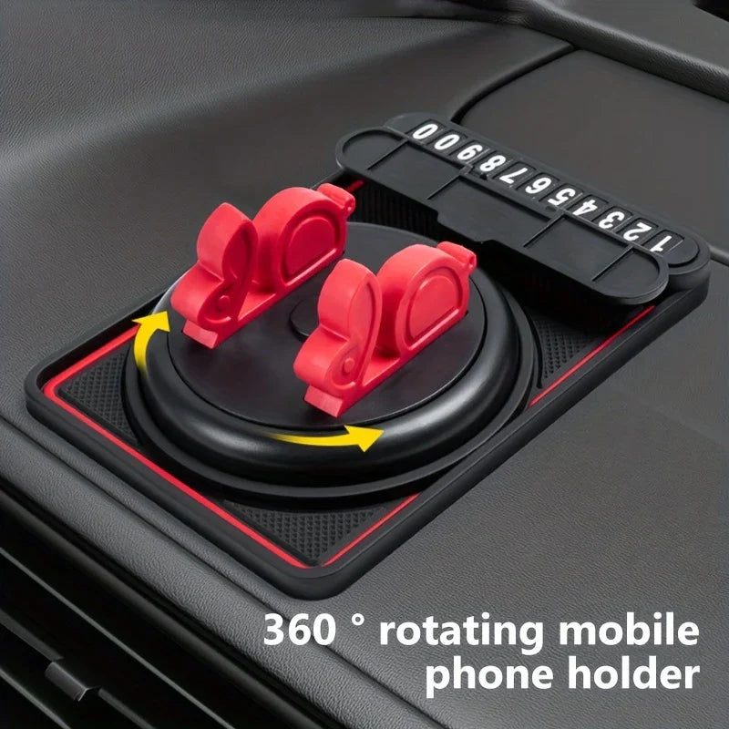 Dashboard Pad - Dashboard phone holder with red rotating clips and a pull-out number strip, shown with 360° rotation arrows