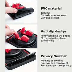 Dashboard Pad - Three feature callouts for a car phone mount: PVC body, red anti-slip phone clips, and a hidden number plate with a flip cover.