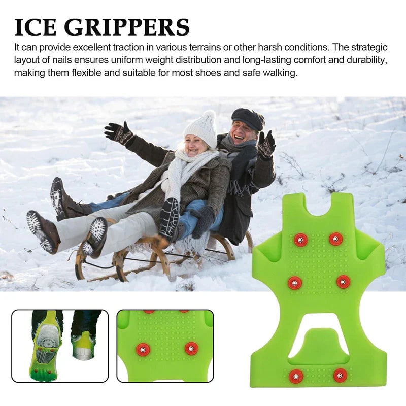 Green ice cleats crampons product graphic with happy older couple sledding on snow, plus two small detail insets of the cleats.