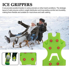 Green ice cleats crampons product graphic with happy older couple sledding on snow, plus two small detail insets of the cleats.
