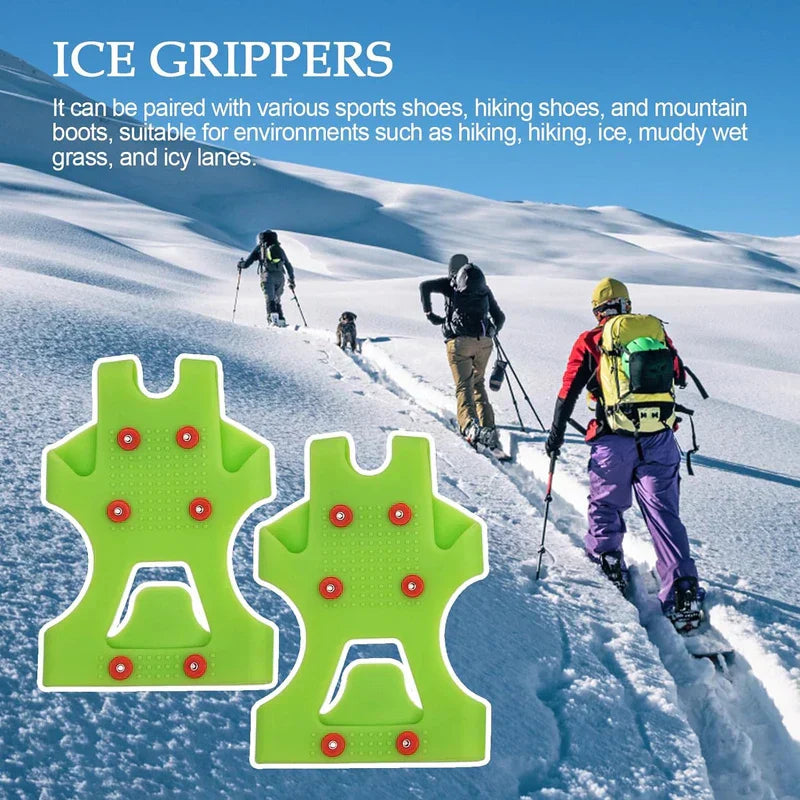 Two green ice cleats crampons displayed over a photo of hikers with trekking poles ascending a snow-covered mountain slope.